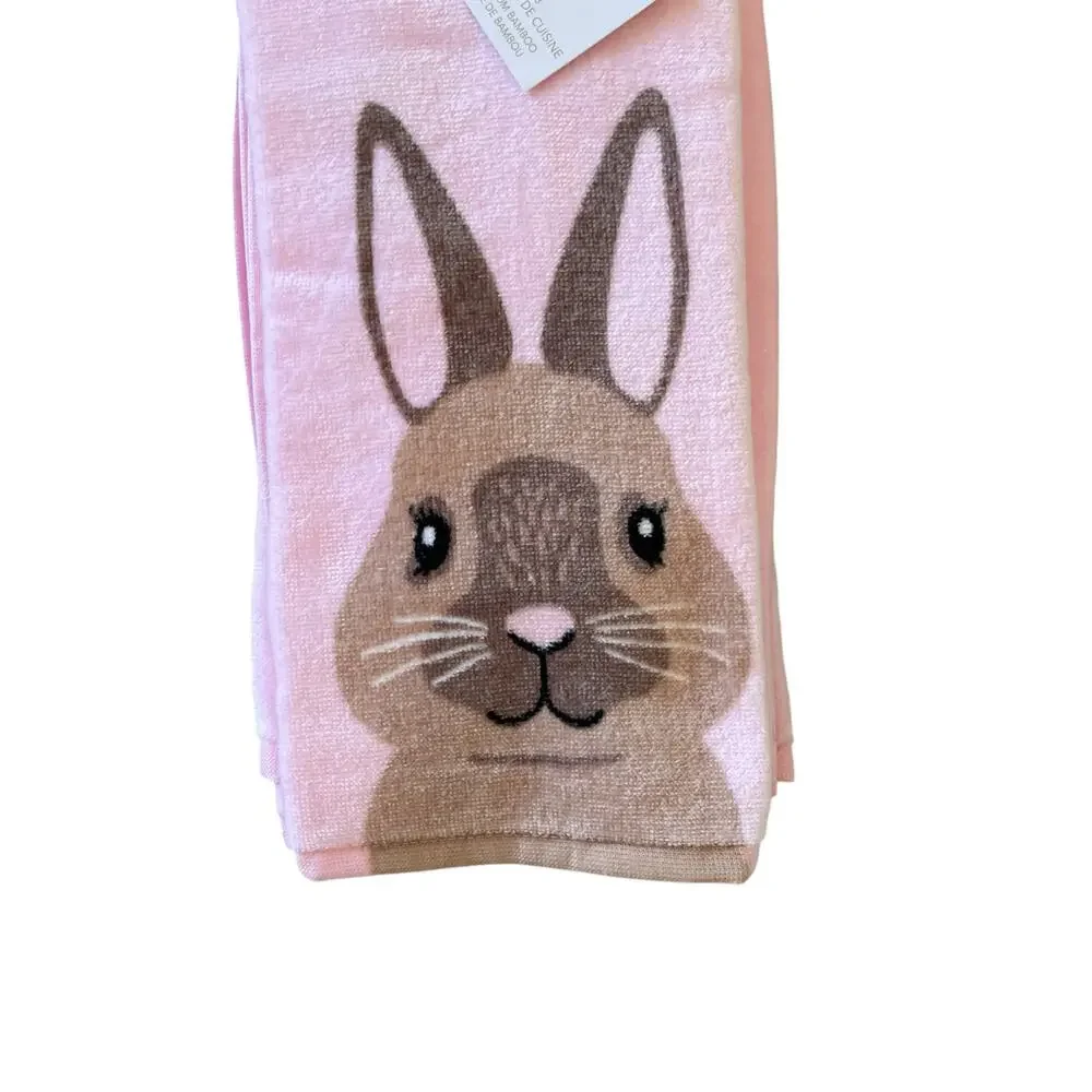 ISAAC MIZRAHI Pink Bunny Rabbit Cotton Kitchen Towels 19x28 Set of 3 Spring New